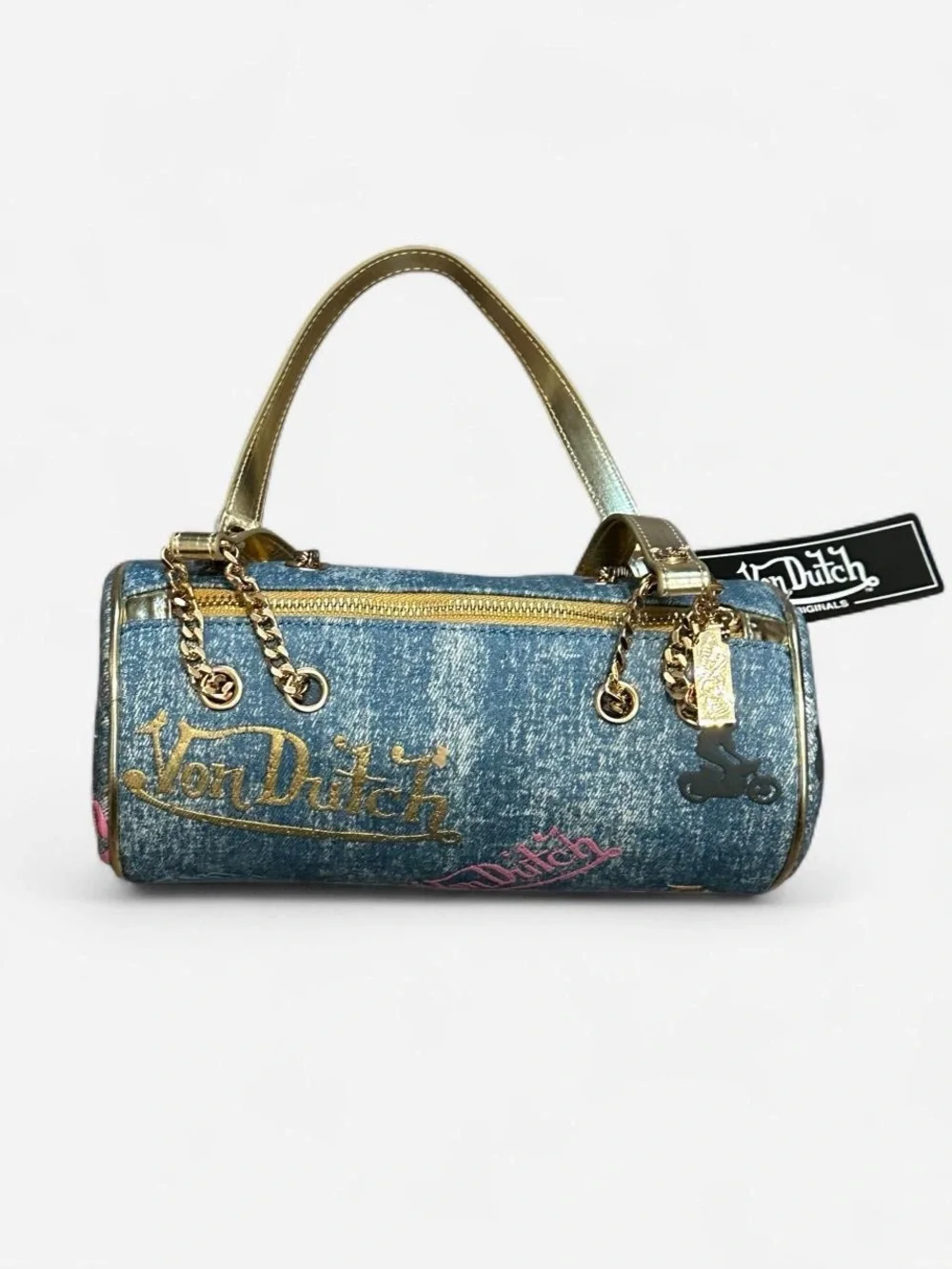 Von Dutch Blue Denim Barrel Bag with Gold Handles and Colorful Patches